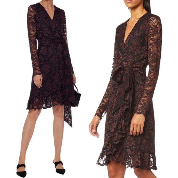 Ganni Flynn Lace Ruffle Wrap Dress Burgundy Black Size 2 - Picture 2 of 11